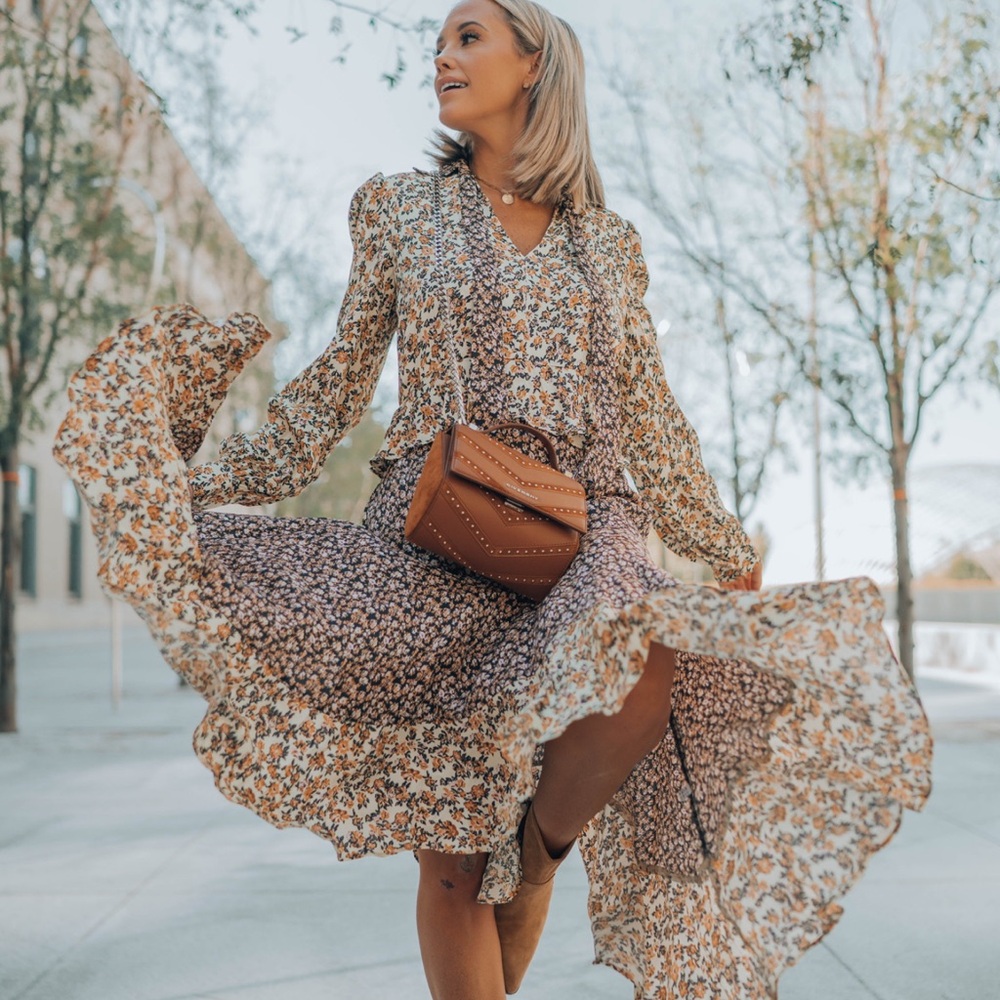 Rebecca Vallance Floral Long Sleeve Dress - Cream and Brown
